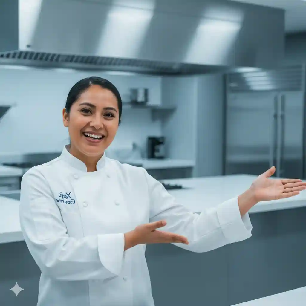 Chef mexicana de Xefe Gourmet, con una cálida sonrisa en una moderna cocina corporativa, se encuentra ligeramente girada hacia la derecha con un gesto abierto y acogedor, luciendo una chaqueta de chef de marca. El ambiente, con encimeras de acero inoxidable y una suave iluminación amarilla, crea un ambiente profesional y a la vez acogedor.
