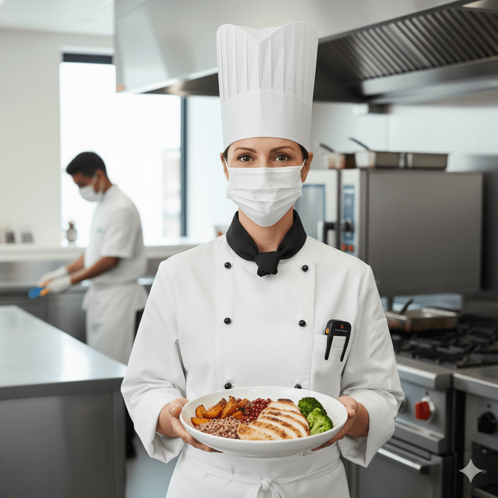 Chef ejecutiva con cubrebocas sonriendo y presentando un plato gourmet con pollo, quinua y vegetales en una cocina corporativa limpia y moderna, destacando la seguridad alimentaria y nuestra calidad en los servicio de comedores industriales