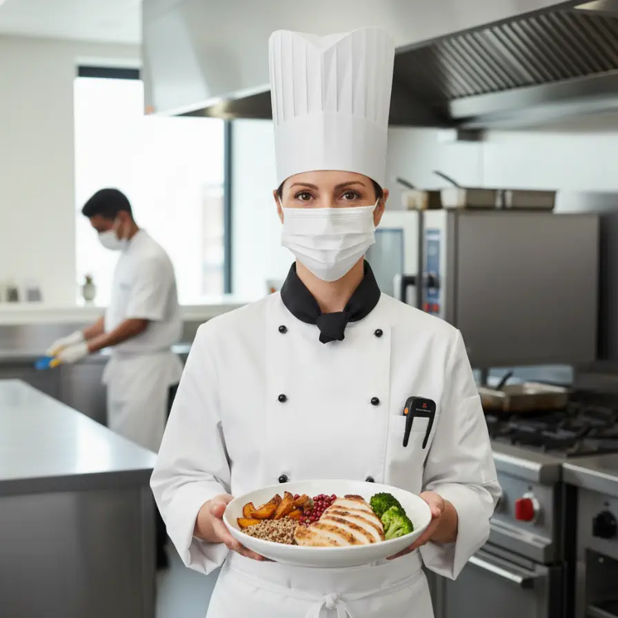 Chef ejecutiva con cubrebocas sonriendo y presentando un plato gourmet con pollo, quinua y vegetales en una cocina corporativa limpia y moderna, destacando la seguridad alimentaria y nuestra calidad en los servicio de comedores industriales